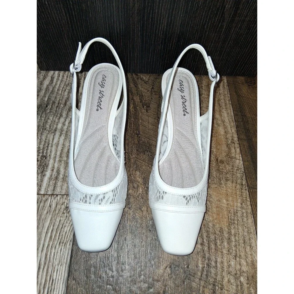 NEW! Women's Easy Street Fortune White Lace Square Toe Slingback Pumps, Size 7M